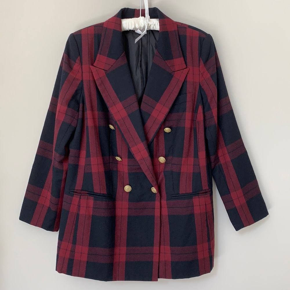 J.G. Hook wool blazer burgundy black plaid double breasted pockets lined 16W